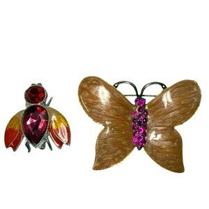 Carol Dauplais Butterfly Brooch & Avon Bumblebee Pin Set Rhinestones Vintage Jew